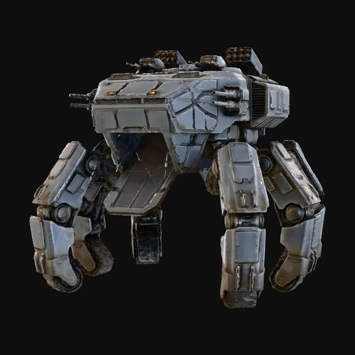 3D model for a robot with eight legs. combat. battle. dystopic. photoreal. troop transporter. large. 40 meter high. heavy armed