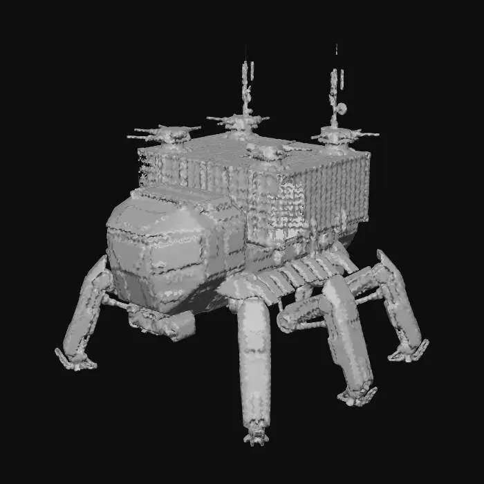 3D model for a robot with eight legs. combat. battle. dystopic. photoreal. troop transporter. large. 40 meter high
