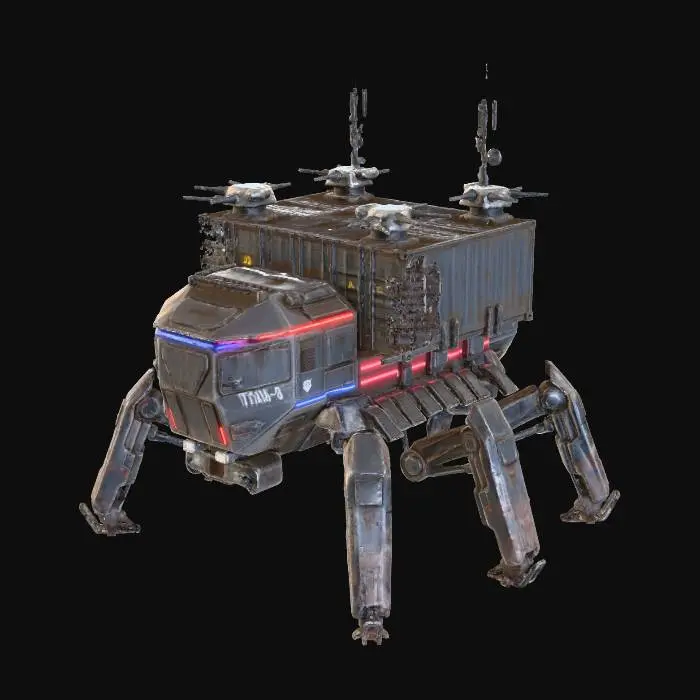 3D model for a robot with eight legs. combat. battle. dystopic. photoreal. troop transporter. large. 40 meter high