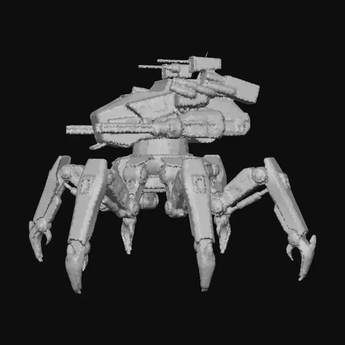 3D model for a robot with 8 legs. combat. battle. dystopic. photoreal. Army. camouflage