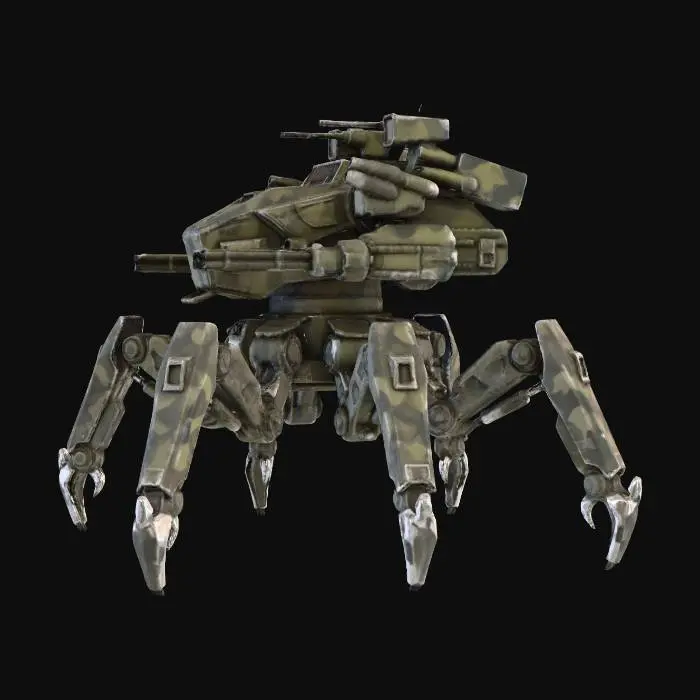 3D model for a robot with 8 legs. combat. battle. dystopic. photoreal. Army. camouflage
