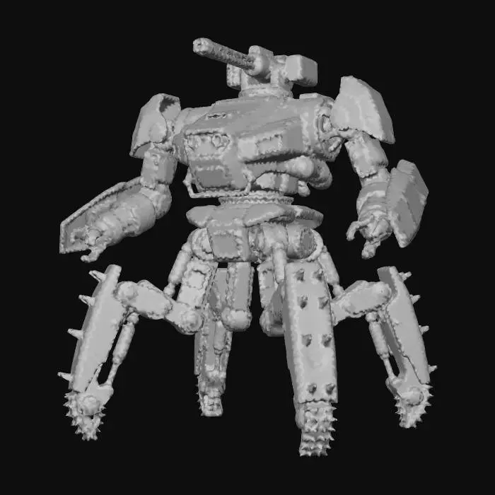 3D model for a robot with 3 legs. combat. battle. dystopic. photoreal. Army. camouflage