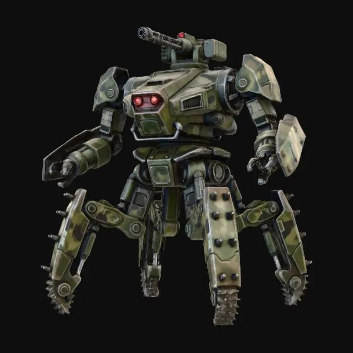 3D model for a robot with 3 legs. combat. battle. dystopic. photoreal. Army. camouflage