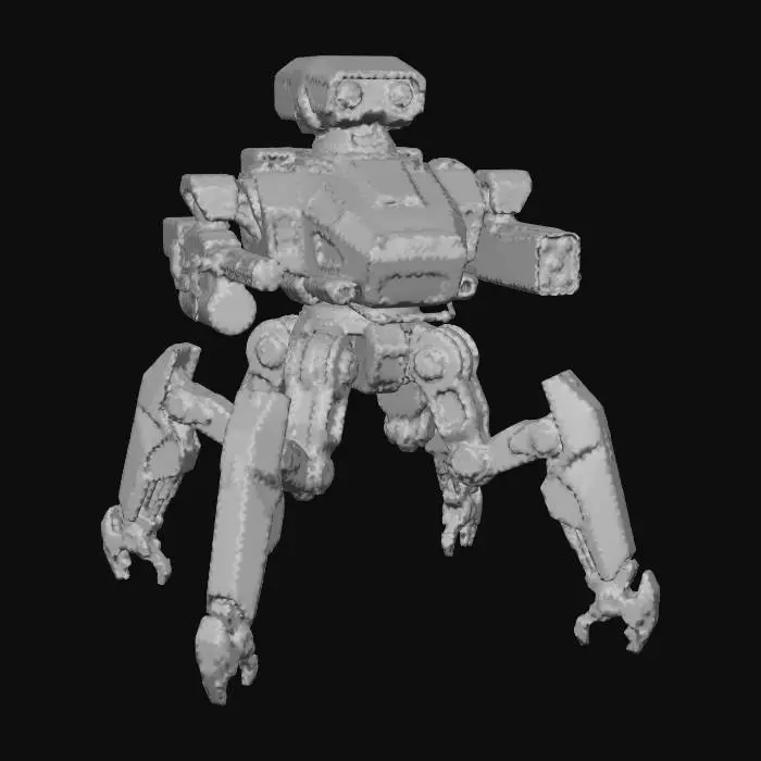 3D model for a robot with 3 legs. combat. battle. dystopic. photoreal. Army. camouflage