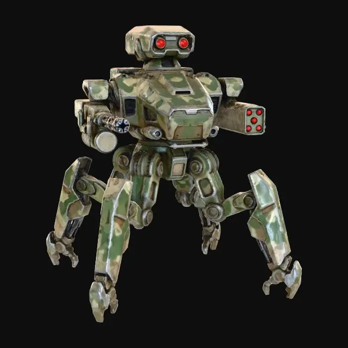 3D model for a robot with 3 legs. combat. battle. dystopic. photoreal. Army. camouflage