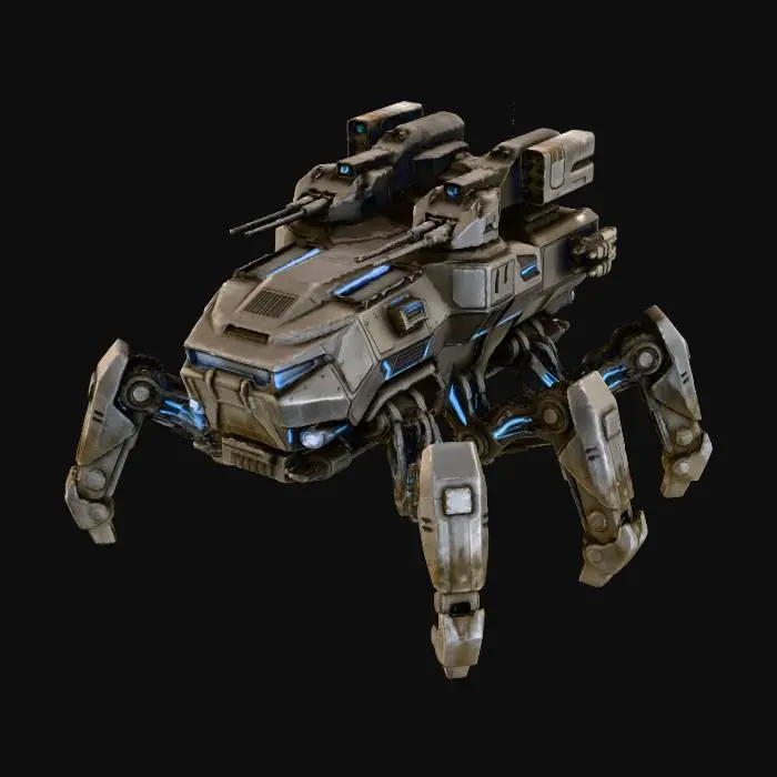 3D model for a robot with eight legs. combat. battle. dystopic. photoreal. troop transporter. large