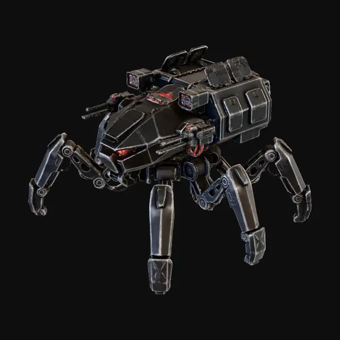 3D model for a robot with eight legs. combat. battle. dystopic. photoreal. spiderlike. mothership. trooptransporter