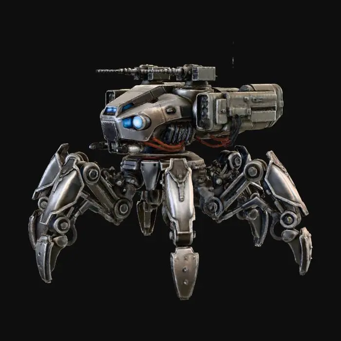 3D model for a robot with eight legs. combat. battle. dystopic. photoreal. spiderlike. mothership