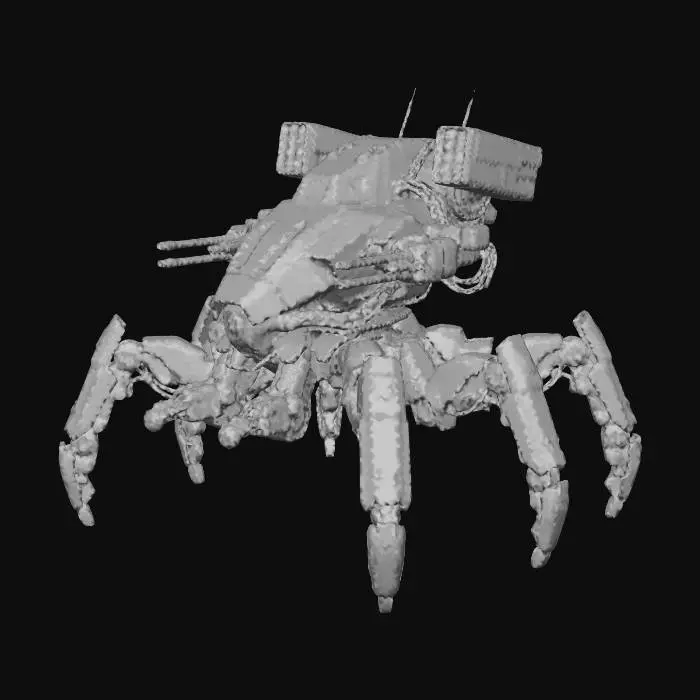 3D model for a robot with eight legs. combat. battle. dystopic. photoreal. spiderlike