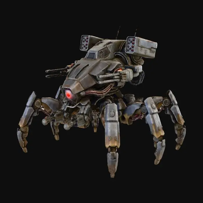 3D model for a robot with eight legs. combat. battle. dystopic. photoreal. spiderlike