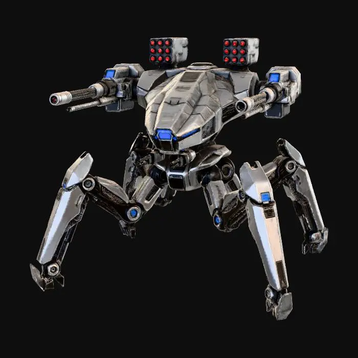 3D model for a robot with 8 legs. combat. battle. dystopic. photoreal