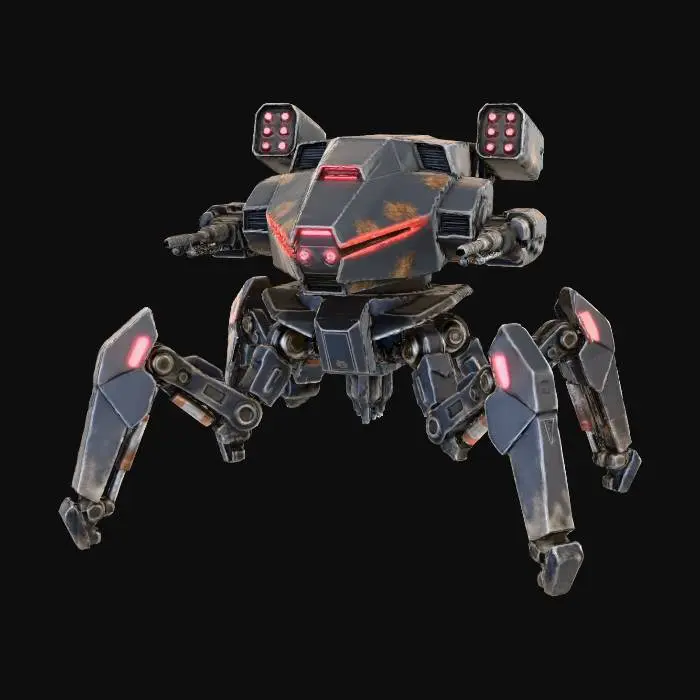 3D model for a robot with six legs. combat. battle. dystopic. photoreal