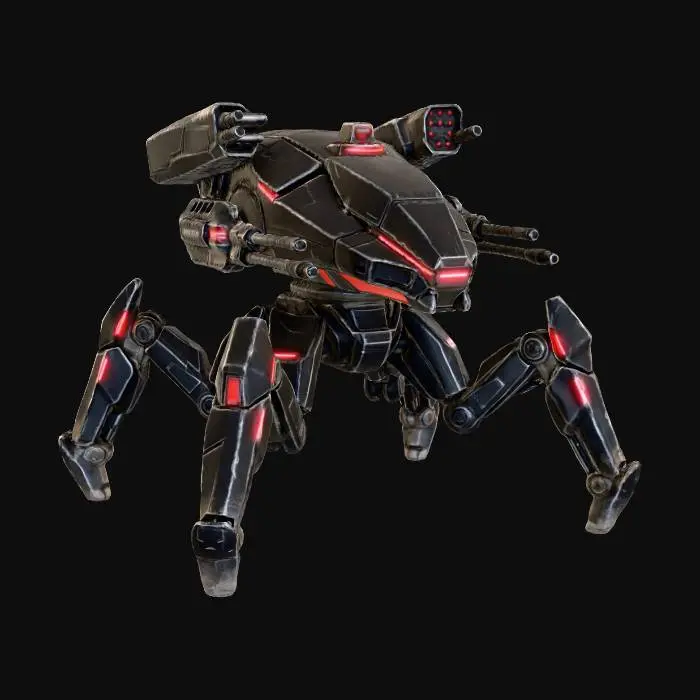 3D model for a robot with six legs. combat. battle. dystopic. photoreal
