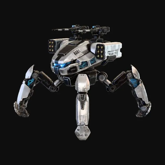 3D model for a robot with 8 legs. combat. battle. dystopic. photoreal