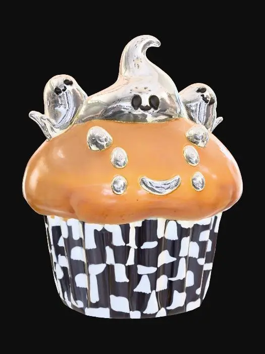 3D model for Haunted cupcake with tiny ghosts as frosting, cute chibi style., #Halloween2025#