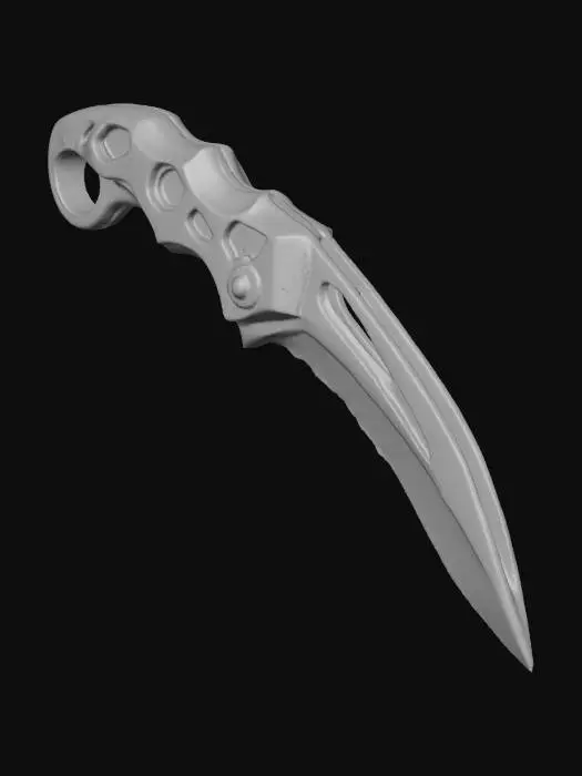 3D model for High-quality valorant-style karambit knife, sleek and aggressive design, sharp curved blade with a clean metallic finish, stylized hard edges, futuristic tactical look, vibrant color accents (red and neon), ergonomic handle with finger ring, game-ready 3D model, smooth topology, highly detailed textures, PBR materials, matte-black handle with sci-fi patterns, heroic weapon aesthetic, symmetrical and balanced shape, premium craftsmanship, dramatic lighting, esports weapon style.