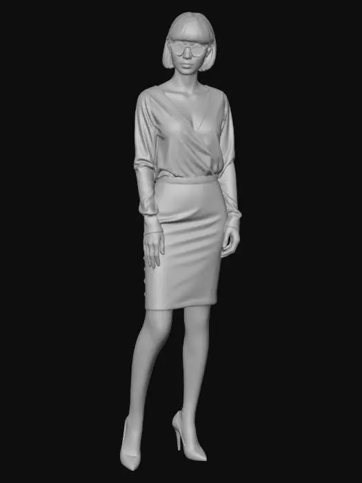 3D model for 一位东亚年轻女性，身形苗条细长，胸部丰满，脸型细长，淡紫色短发齐刘海，戴无边框眼镜，穿白色紧身 V 领长袖衬衫，黑色包臀裙，紫色半透丝袜，黑色高跟鞋