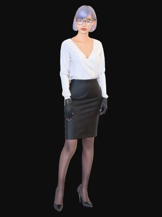 3D model for 一位东亚年轻女性，身形苗条细长，胸部丰满，脸型细长，淡紫色短发齐刘海，戴无边框眼镜，穿白色紧身 V 领长袖衬衫，黑色包臀裙，紫色半透丝袜，黑色高跟鞋