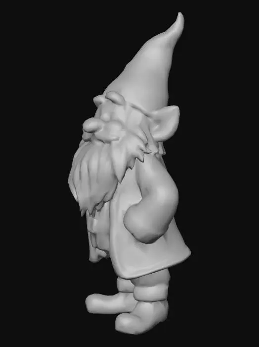 3D model for A cheerful, stout cartoon gnome character stands upright with hands on his hips. He features a rustic brown, soft fabric with a slouched pointy hat that does not curl over and a matching textured jacket over blue trousers. His long, fluffy white beard cascades from his smiling face, which has rosy cheeks, a round nose, and small, pinkish ears. He wears sturdy brown leather boots with no visible laces and a buckled belt. The overall appearance is friendly and endearing, with a smooth, clean cartoon aesthetic.