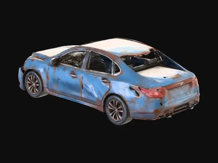 3D model for wrecked modern rusty car with flat tires