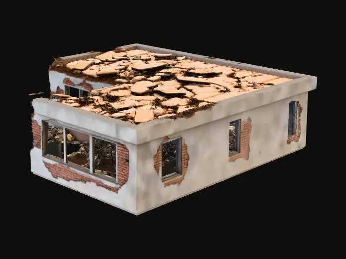 3D model for modern one story building in ruins with no trees and no bushes. Windows are completely smashed out and doors are missing