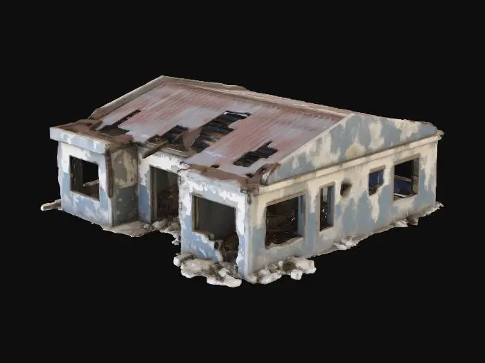 3D model for modern one story building in ruins with no trees and no bushes.  Windows are completely smashed out and doors are missing