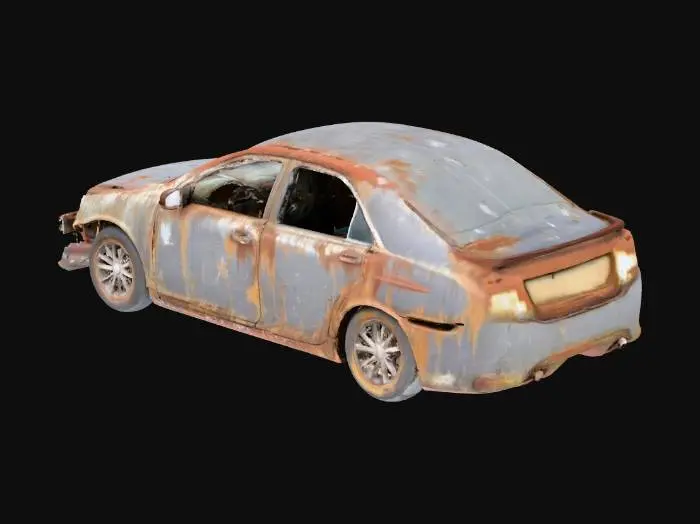 3D model for wrecked modern rusty car with flat tires