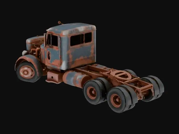 3D model for semi truck wrecked and rusting with flat tires and no glass and no trailer