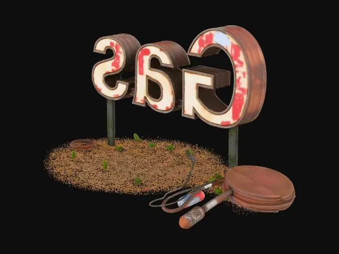 3D model for decayed and worn gas station sign in English language in apocalypse setting
