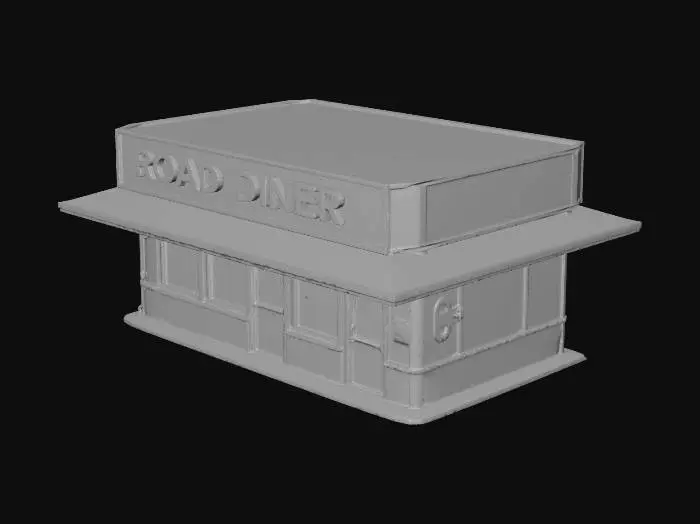 3D model for ruined roadside diner with no glass in the windows and missing doors.  With no plants.  And correct English spelling