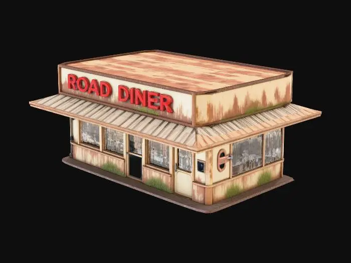 3D model for ruined roadside diner with no glass in the windows and missing doors.  With no plants.  And correct English spelling