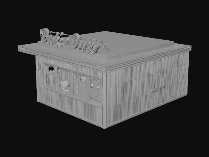 3D model for destroyed one story diner in an apocalypse setting with no glass in the windows and with an empty inside.  Sign on top says "Dick's Diner"