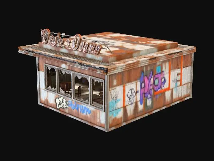3D model for destroyed one story diner in an apocalypse setting with no glass in the windows and with an empty inside.  Sign on top says "Dick's Diner"