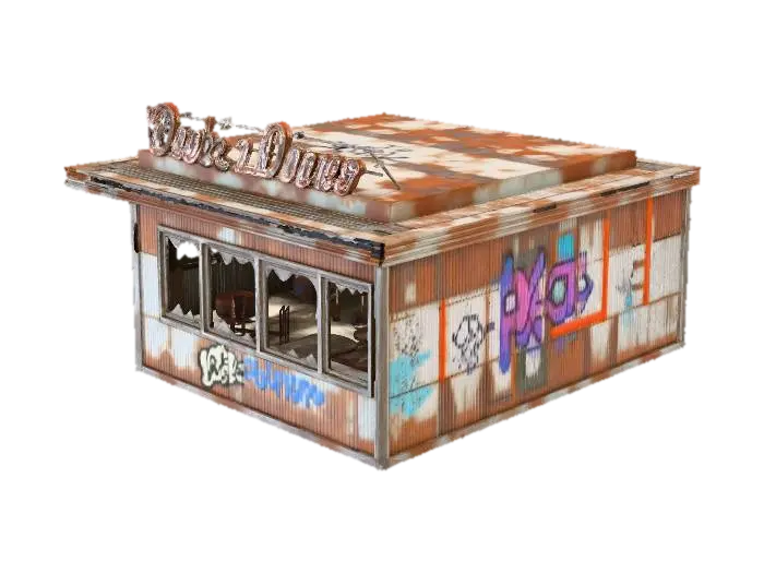 destroyed one story diner in an apocalypse setting with no glass in the windows… 3D model, vytvořený pomocí AI
