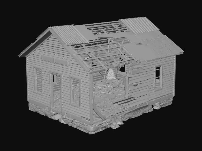 3D model for A decayed one story house with partially collapsed walls revealing an empty interior, broken windows without glass, no doors, cracked stone foundation, destroyed, peeling paint on weathered wooden siding, rusty metal accents, highly detailed, ultra-realistic, cinematic lighting