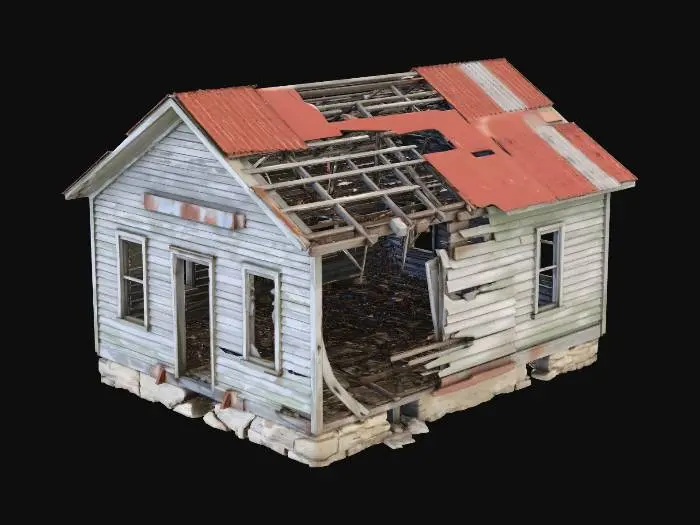 3D model for A decayed one story house with partially collapsed walls revealing an empty interior, broken windows without glass, no doors, cracked stone foundation, destroyed, peeling paint on weathered wooden siding, rusty metal accents, highly detailed, ultra-realistic, cinematic lighting