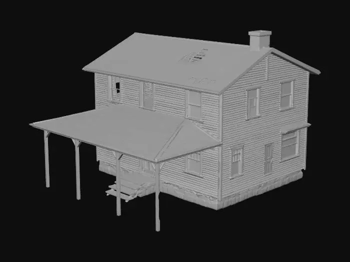 3D model for A decayed two-story abandoned farm house with partially collapsed walls revealing an empty interior, broken windows without glass, no doors, cracked stone foundation, destroyed, peeling paint on weathered wooden siding, rusty metal accents, highly detailed, ultra-realistic, cinematic lighting