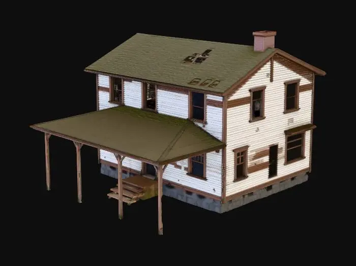 3D model for A decayed two-story abandoned farm house with partially collapsed walls revealing an empty interior, broken windows without glass, no doors, cracked stone foundation, destroyed, peeling paint on weathered wooden siding, rusty metal accents, highly detailed, ultra-realistic, cinematic lighting