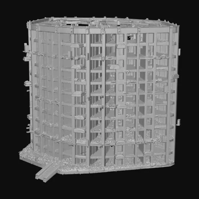 3D model for A heavily bombed out modern high-rise office building, all windows shattered and completely missing glass, empty black window frames, massive structural damage, collapsed sections, exposed rebar and concrete debris, scorched exterior walls, realistic war destruction, photorealistic, highly detailed, cinematic lighting, ultra realistic