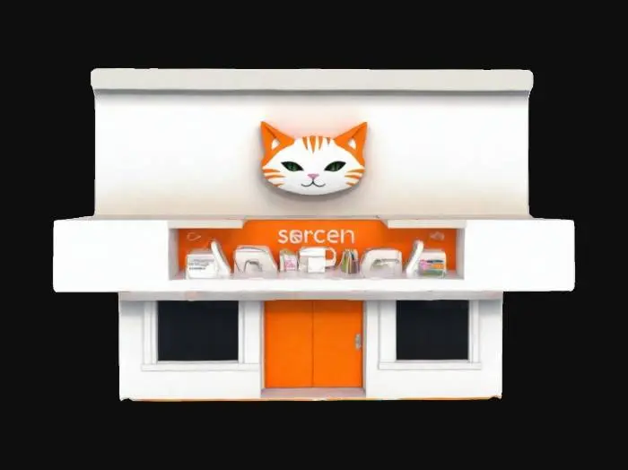 3D model for A birghtly colored modern micro building office shop that acts as a storefront for an adventuring business ran by janeycat. it should have feline styling and orange and white color scheme. simple, clean minimalist design and cat ears motif. an exciting attention grabbing sign is attached to the front