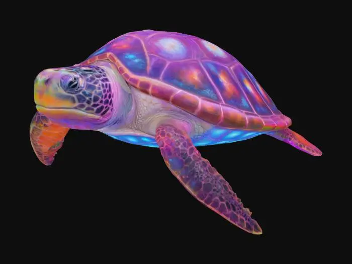 3D model for A magnificent divine sea turtle of colossal proportions radiating ethereal bioluminescence through translucent flesh, crowned with vibrant living coral formations and crystalline barnacles. Ancient mystical runes glow and pulse rhythmically along its weathered shell with arcane energy. The majestic creature channels cosmic ocean magic through iridescent rainbow-shifting scales that shimmer and flow like liquid starlight. Tentacles of pure energy spiral and undulate around its flippers as it gracefully swims through deep ocean void. Simple gradient background of deep blues fading to black, allowing the turtle's magical aura and glowing elements to be the focal point.