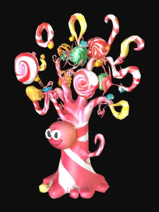 3D model for a whimsical lollypop tree with swirling candycane branches, wearing a playful expression, dancing and twirling its spiral-striped trunk while sprinkling sugar sparkles