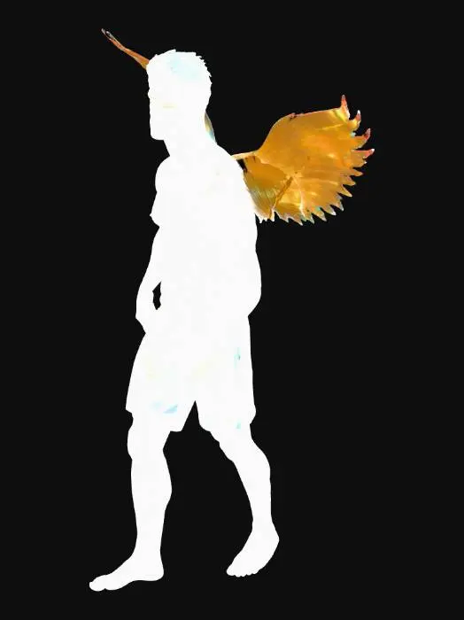 3D model for realistic detailed 3D render of a muscular young man in shorts with holographic angel wings made of light fragments, sunset wheat field, cinematic lighting, warm glow, peaceful divine vibe