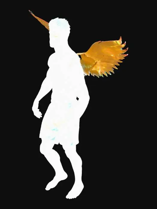 3D model for realistic detailed 3D render of a muscular young man in shorts with holographic angel wings made of light fragments, sunset wheat field, cinematic lighting, warm glow, peaceful divine vibe