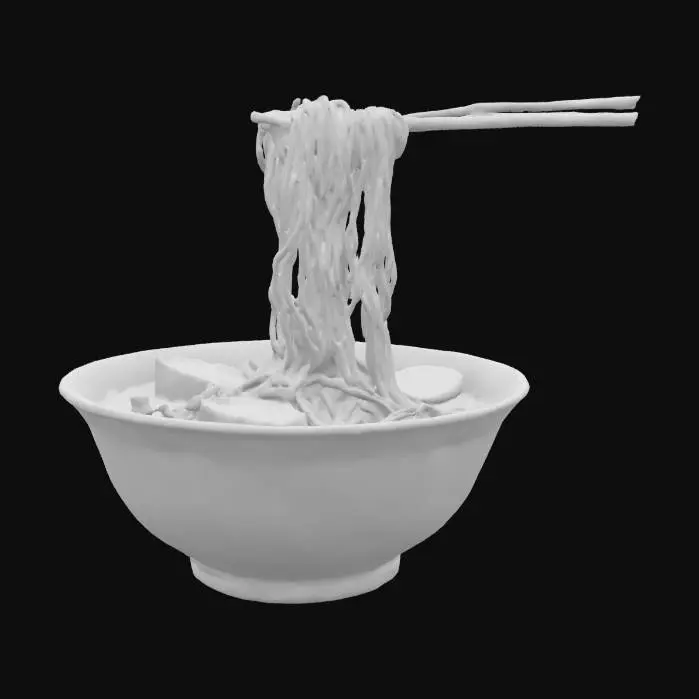 3D model for [Sapporo]　A realistic 3D model of Sapporo miso ramen. The piping hot broth, glistening thick curly noodles with a firm and bouncy texture. Chopsticks lifting the noodles, capturing the natural weight and flowing movement. The rich miso soup glistens, appearing as though it might drip at any moment. The toppings include tender chashu pork, sweet corn, finely chopped green onions, menma (bamboo shoots), and a melting pat of butter with detailed texture. The bowl features the traditional Hokkaido blue and white ceramic design. The model should have beautifully detailed and realistic textures, suitable as a food sample.

Make sure to include a realistic depiction of two chopsticks lifting the noodles, ensuring natural movement and weight. Avoid any unintended holes in the bow. #AroundTheWorld#