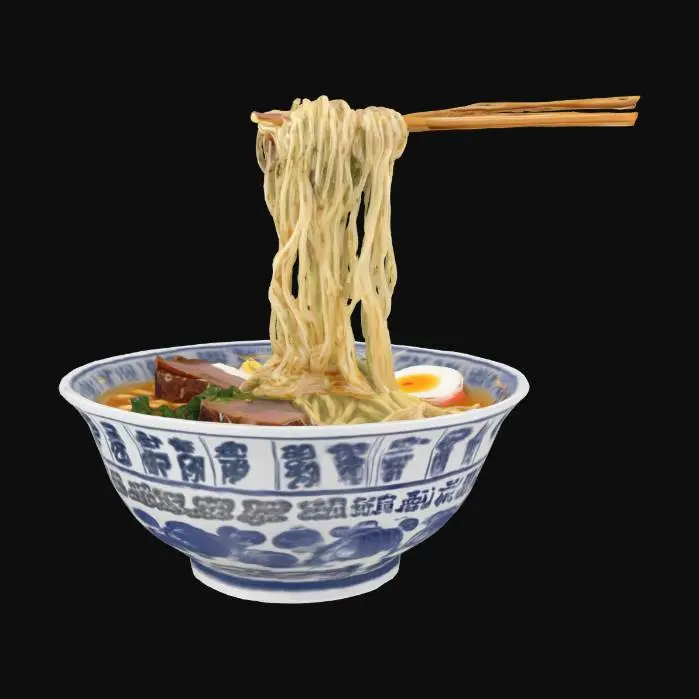 3D model for [Sapporo]　A realistic 3D model of Sapporo miso ramen. The piping hot broth, glistening thick curly noodles with a firm and bouncy texture. Chopsticks lifting the noodles, capturing the natural weight and flowing movement. The rich miso soup glistens, appearing as though it might drip at any moment. The toppings include tender chashu pork, sweet corn, finely chopped green onions, menma (bamboo shoots), and a melting pat of butter with detailed texture. The bowl features the traditional Hokkaido blue and white ceramic design. The model should have beautifully detailed and realistic textures, suitable as a food sample.

Make sure to include a realistic depiction of two chopsticks lifting the noodles, ensuring natural movement and weight. Avoid any unintended holes in the bow. #AroundTheWorld#