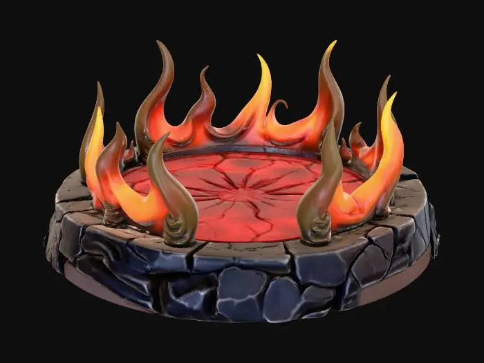 3D model for A circular miniature base featuring a dramatic ring of fire erupting from the ground. The fire forms a continuous loop around the outer edge of the base, with stylized, sculpted flames rising upward in smooth, exaggerated shapes suitable for tabletop miniatures. The center of the base is flat and empty for placing a figure. The ground texture is cracked stone or scorched earth, with subtle magma glow beneath the flames. High-detail fantasy style, solid geometry, watertight mesh, no thin or fragile parts, optimized for resin and FDM 3D printing. Base diameter 32mm, low profile, heroic scale.

No floating parts, no smoke, no transparency, no extreme thin spikes, no hollow flames, no overhangs that require heavy supports.