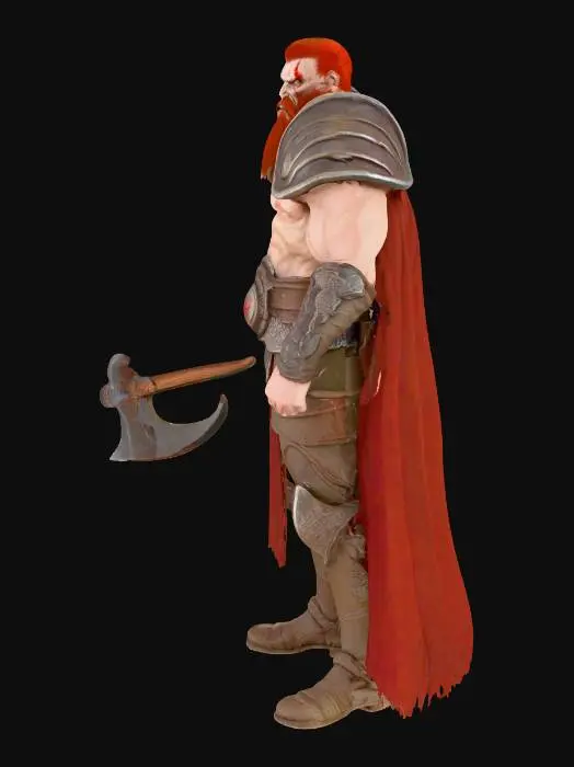 3D model for #PBR#, elınde zarıf bır balta tutan gerekcı bır savas tanrısı modelı kırmızı saclı erkek yuz hatları ortalama keskın havaı