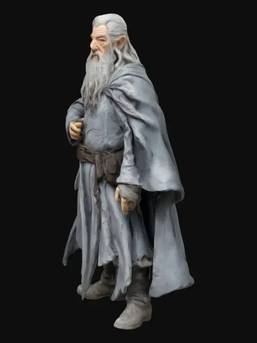 3D model for Exquisitely crafted figurine of Gandalf the Grey: Wizard, the fearless champion of ancient lore. This ultra-realistic masterpiece captures his dynamic presence in intricately detailed, battle-worn clothing and flowing, tattered cape. His steely gaze and defined features convey unwavering strength and grace. Delicate textures and vibrant metallic accents highlight every sculpted line, evoking a timeless spirit of valor and relentless determination. #game figure# 