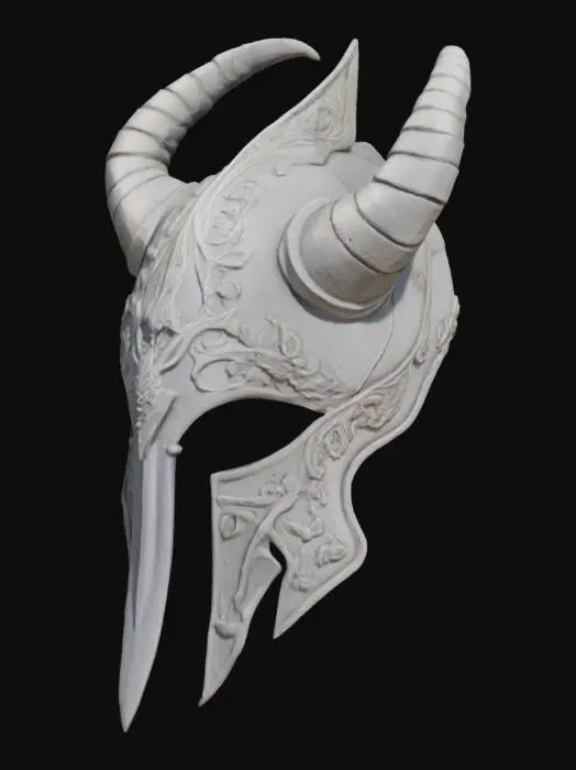 3D model for Elven Helmet - A lightweight, intricately crafted helmet designed for agility and elegance, embodying the essence of nature and elven craftsmanship. The helmet is forged from a silvery, mithril-like metal, with delicate leaf and vine motifs etched into its surface. The edges are adorned with subtle engravings of flowing water and swirling wind patterns, symbolizing the harmony of the elements.
